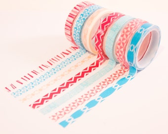 small thin washi tape set of 7 in pink and light blue. Small washi tape for thin places. Paper tape, masking tape, deco tape