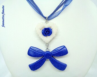 Fimo necklace "Romantic" heart blue glittering and glittering white + big bow - handmade