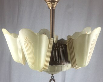 Close to ceiling Art Deco 7 light Slip Shade Chandelier