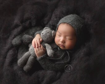 newborn bonnet match the footed romper, mohair bonnet for a baby boy, hand knitted photo prop, simple newborn bonnet