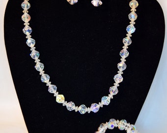 1950s vintage aurora borealis faceted crystal choker necklace, bracelet and screw back earring set