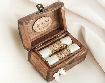 Caja del anillo de boda personalizado. Caja del anillo de madera. Anillo de soporte con la cinta en varios colores. Portador del anillo.