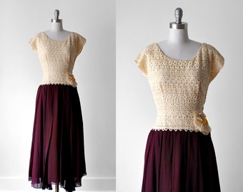 40's chiffon dress. cream lace dress. 1940 lace gown. brown cream dress. 40 burgundy dress.