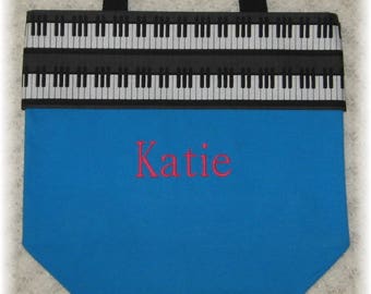 PIANO music lesson book bag, turquoise canvas tote bag personalized for kids child recital birthday gift idea keyboard embroidered musician