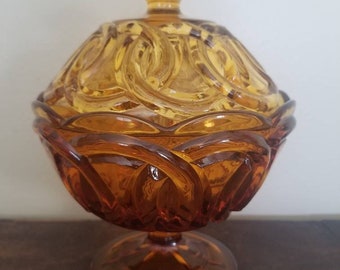 Vintage Amber Glass Pedestal Bowl with Lid. Candy Dish.