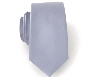 Grey Silk Mens Skinny Necktie With *FREE* Matching Pocket Square Set