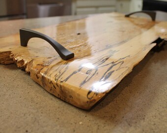 Ambrosia spalted maple bread board serving tray with handles