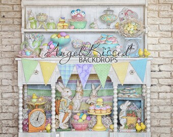 Easter Sweets, Treats Photography Backdrop, Candy, Bunnies, Bunny, Spring, Pastels, Shabby Chic, Angel Kissed, 60x80 fleece, Background