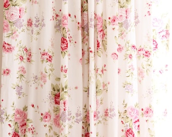 White Pink Cottage Shabby Chic Rose Cotton Curtain