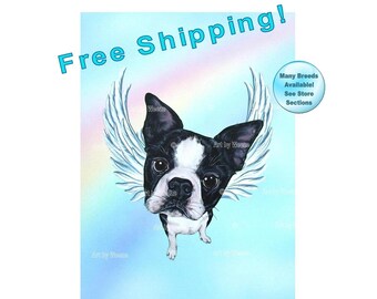 Boston Terrier Angel, Boston Terrier, Dog Angel, Dog With Wings, Boston Terrier Picture, Pet Memorial, Boston Terrier Art, Free Shipping!