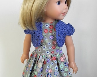 14.5" Doll Clothes Sleeveless Gray Dress and Crocheted Royal Blue Bolero Handmade to fit Wellie Wishers Dolls - Gray and Multi Color Flowers