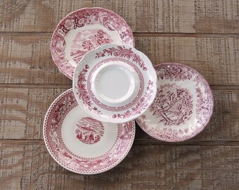 Mismatched Pink White Transferware Plates Set of 4 Saucers Replacement China