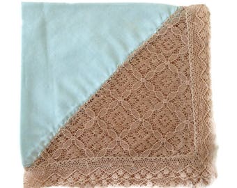 Vintage pale blue handkerchief with ecru lace, #95