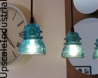 Pendant Light/Glass Insulator/Kitchen Island/Lighting /Pendant Lighting/Pendant Lights/Industrial Lighting/Steampunk/Aquamarine/vintage