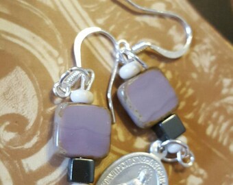 Delicate and Heavenly...Religious Medal Assemblage Earrings with Hematite Beads by Jack and Diddly.