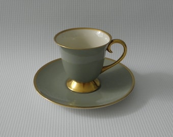 Footed Demitasse Cup & Saucer Set in Sylvan Teal Green with Gold rim by Flintridge