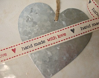 Ivory Ribbon with "hand made with love" Text and Hearts in Red and Black
