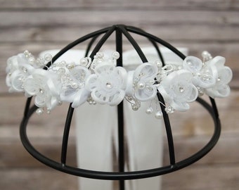 White Flower Girl Wreath with Satin Edge Organza Silk Flowers with Ribbon Bow and Rhinestones/ First Communion Headpiece