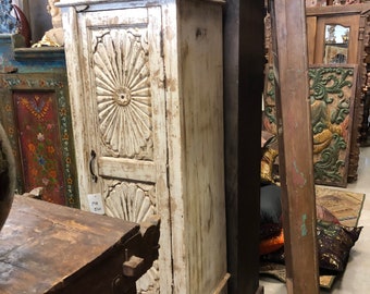 Antique OLD Ivory White Single Door Wardrobe Wood Furniture Storage Cupboard Beautiful Carving Wood Tall Cabinet