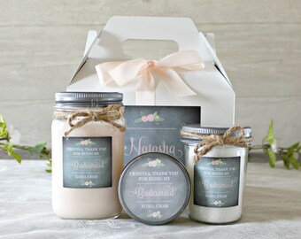 Bridesmaid Spa Gift Set / Thank you gift for Bridal Party / Personalized Bridesmaid's Gift / Soy Candle / Bath Salt / Sugar Scrub