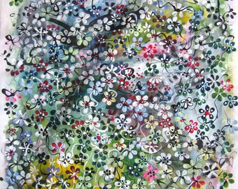 fever abstract art, flower abstract painting, acrylic and ink landscape abstract, flowers, floral, green pink yellow red purple, abstract