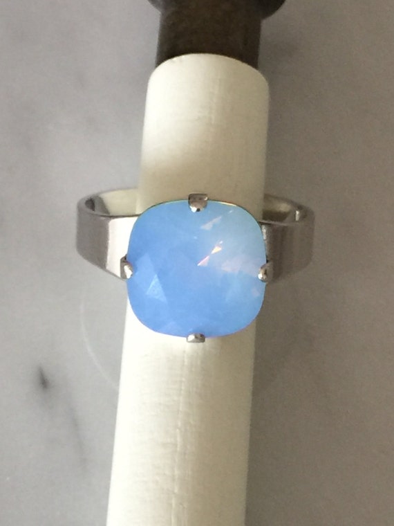 Swarovski Cushion Cut Air Blue Opal Crystal Adjustable Ring