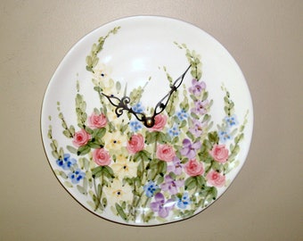 English Garden Wall Clock, 9 Inch Floral Wall Clock, Ceramic Plate Clock, Kitchen Clock, Unique Wall Clock, Dining Room Clock - 2378