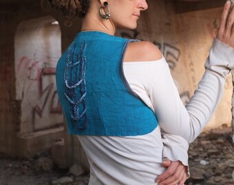 SUPER SALE - Turquoise Bolero - Handwoven Organic Cotton-Linen Cropped Vest - Braided Inlay Detail