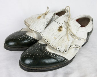 Vintage 1960s Mens Golf Shoes / Black and White Spectator Leather / Kilties Kiltie Tassles / Steel Cleats / Sports Walk, SportsWalk Sz 10
