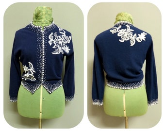 Vintage 1950's navy blue beaded cardigan sweater Medium