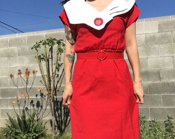 80s Large Collar Red Dress