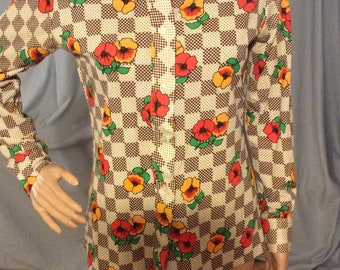 Flowers and Checkered printed long sleeve blouse, shirt, top, button up measurements in photos
