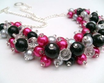 Hot Pink Black and Silver Gray Beaded Necklace with Crystals, Cluster Necklace, Chunky Necklace, Pink Bridesmaid Gift, Wedding Jewelry