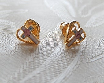 Tiny Heart and Cross Earrings, Cloisonne Earrings, Pierced Earrings, Gift for Her