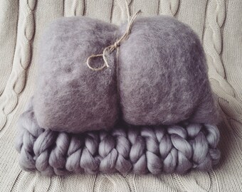 Brown Grey Newborn Photo Prop Blanket Sett Chunky Bump Basket Stuffer Fluff