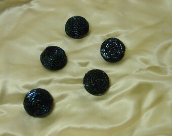 Vintage Antique Buttons Set of 5 Iridescent Glass Beads, Domed 7/8" Blue