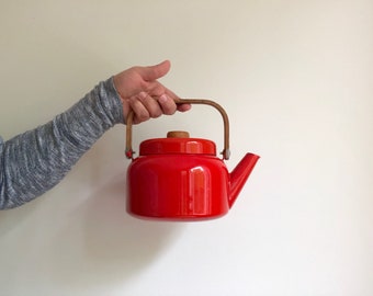 Red Enamel Kettle, Vintage Red Tea Kettle