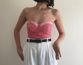 Red Gingham Strapless Bustier Top with Lace Details on Breasts
