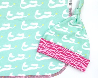 Mermaid Organic Cotton Baby Hat, Girl Newborn Top Knot Hat, Ocean Theme Beanie, Blue Baby Shower Gift, Beach Gift for Mom, Pink Hat
