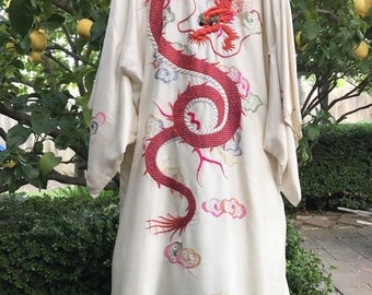 Goodbye Rain Sale Vintage Silk Ivory Kimono Robe~Hand Embroidered~Red Dragon~Clouds