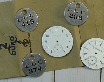 5 Pcs. Vintage Metal Pieces: 3 Number Tokens and 2 Watch Faces for your ART projects