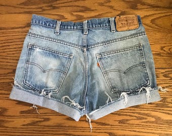 Levi's High Waisted Shorts Orange Tab Vintage Levis Cut Off Short Levi Shorts High Waist Denim Cutoffs Distressed Jean Size Medium 6 8 30 31