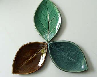 Ceramic Leaf Plates/ Spoon Rest, Set of Three, Persimmon Antique Blue