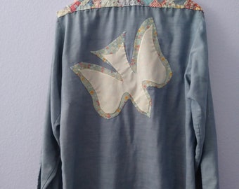Vintage 70s JCPENNEY Big Permaprest Home Patchworked Dove Button Down Shirt Size M