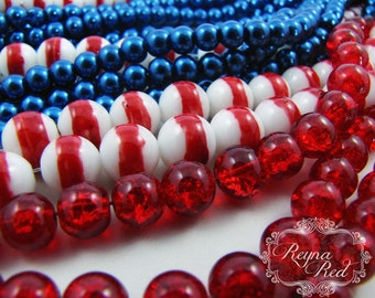 Liberty July 4th Glass Bead Mix, 3 Extra Long strands glass pearls, glass beads, patriotic, military, Independence Day - reynaredsupplies