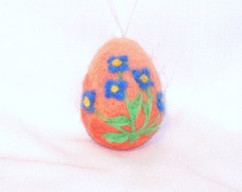Easter Egg - Mini Ornament - Needle Felted Egg - Blue Forget Me Not Flower on Peach Orange Egg - Easter Felt - Needle felting - Easter Gift