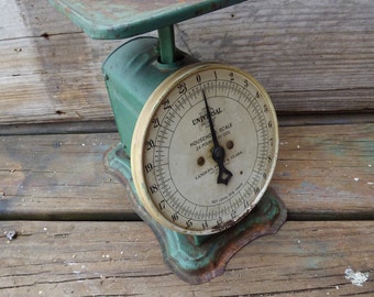 Vintage Scale 24 pound counter Landers Frary Clark weighing Green cottage farmhouse shabby French Country kitchen work weight scale
