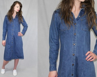 Vintage 70s Landlubber Denim JEAN Snap Midi Dress Retro Boho Duster Jacket S