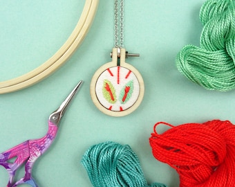 HAND EMBROIDERED PENDANT, red leaves, mini hoop