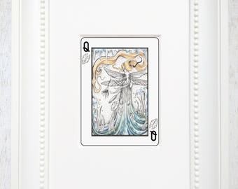 Fairy art print, Fairy art, Playing card, Faerie art, Ink drawing, Blonde fairy, Lily pad art, Matted giclee print, "Queen of Lily pads"